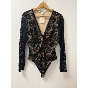 BOSTON PROPER Black Lace Bodysuit Sz L Floral Sheer NWT